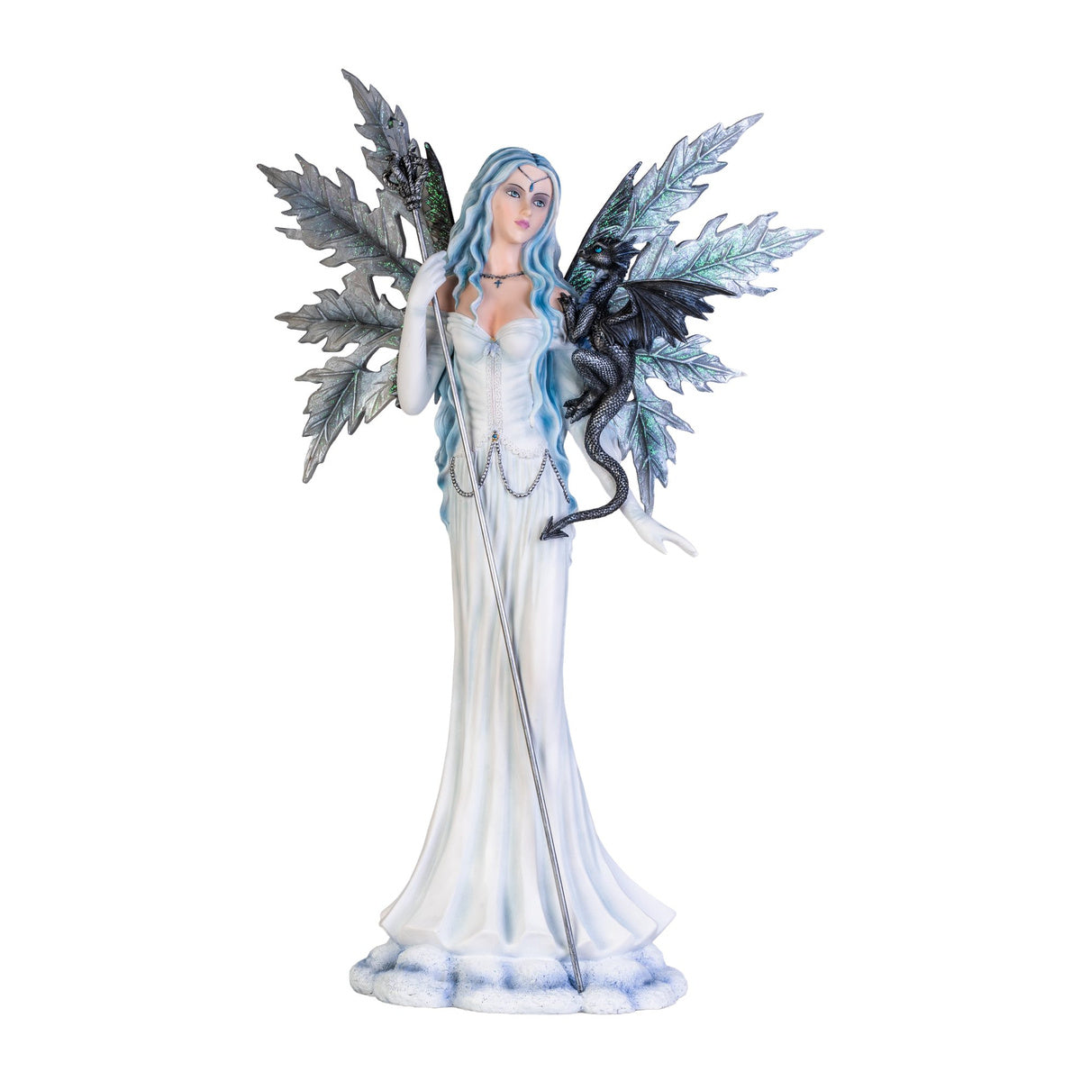 Large White Fairy with Baby Black Dragon Figurine